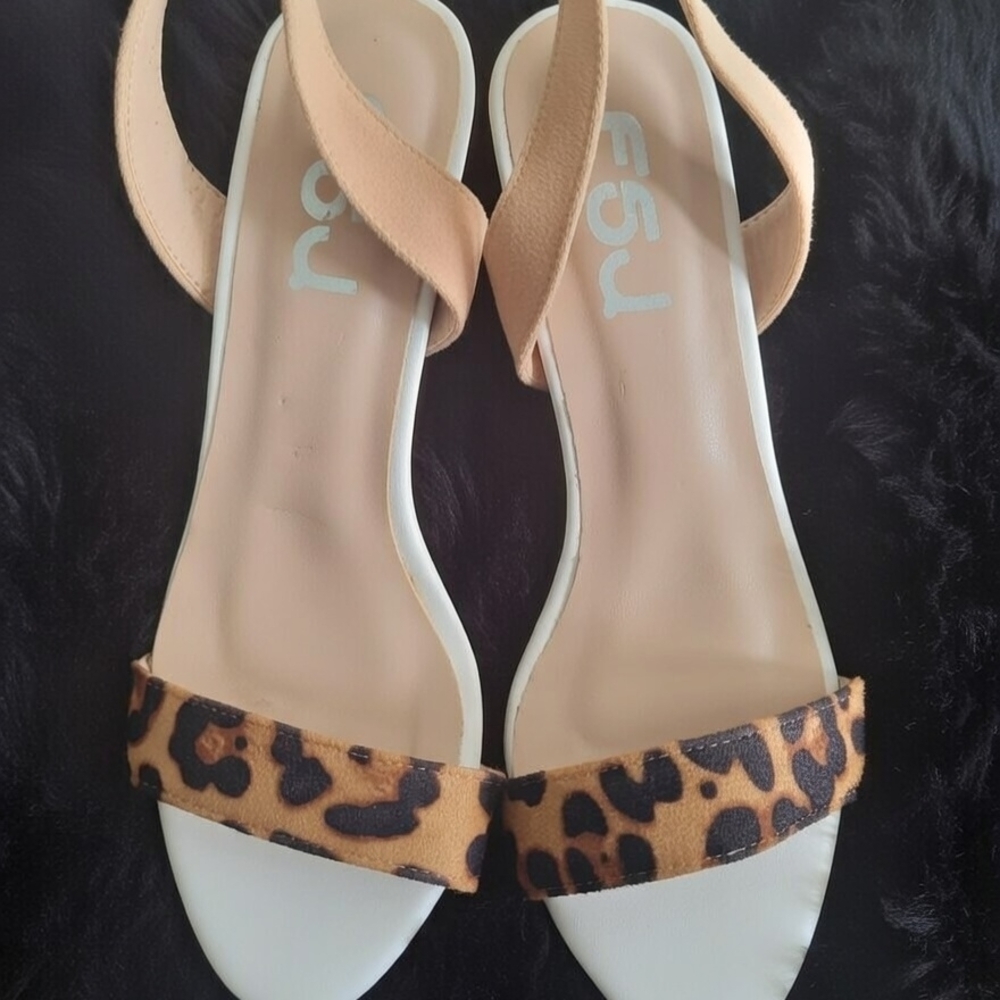 FSJ Leopard Print Tan and White Sandals